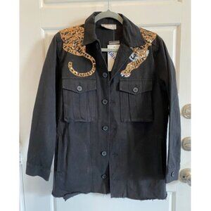 Cargo Pocket Front Sequin Tiger Utility Jacket Blue B Size Small S NWT